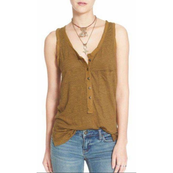 Free People Tops - Free People Traveler Lavender Linen Henley Tank Womens Yellow Medium